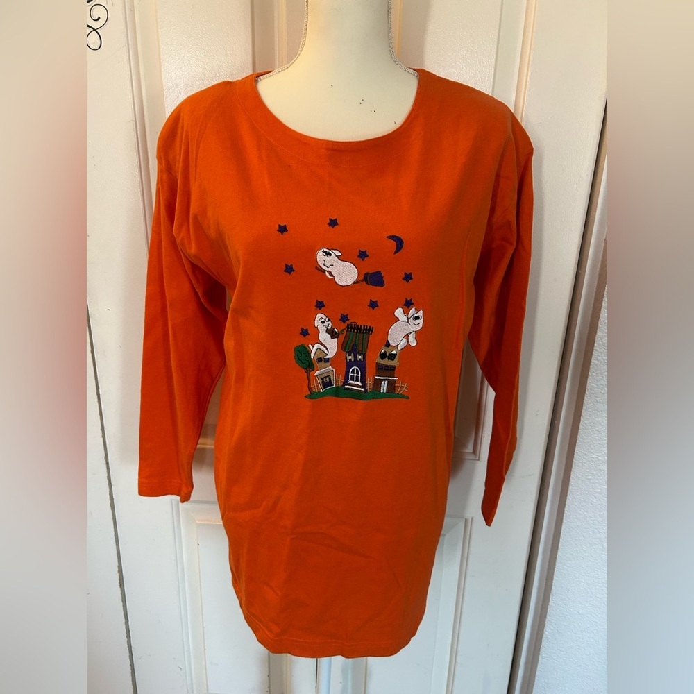 Vintage Malarkey Womens Orange Halloween Shirt Embroidered Ghosts Fall Size Med